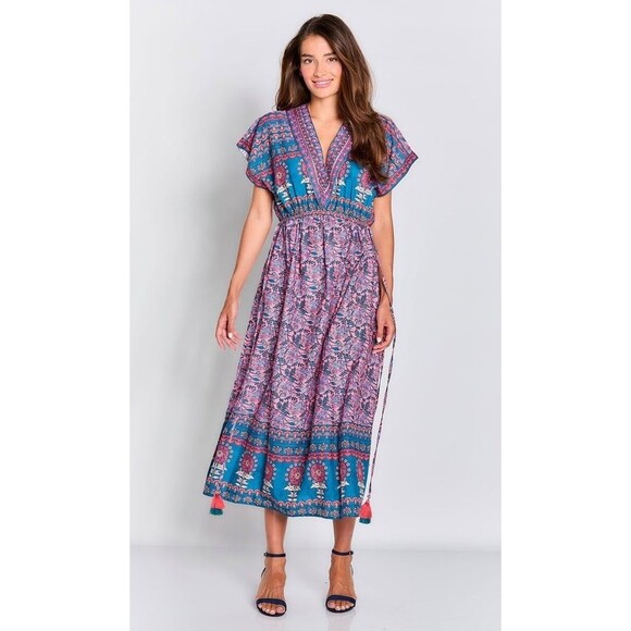 Bella Tu Gemma Midi Dress Ikat Gypsy Print Beaded V Neck Side Tassel Closure XS - Picture 1 of 9